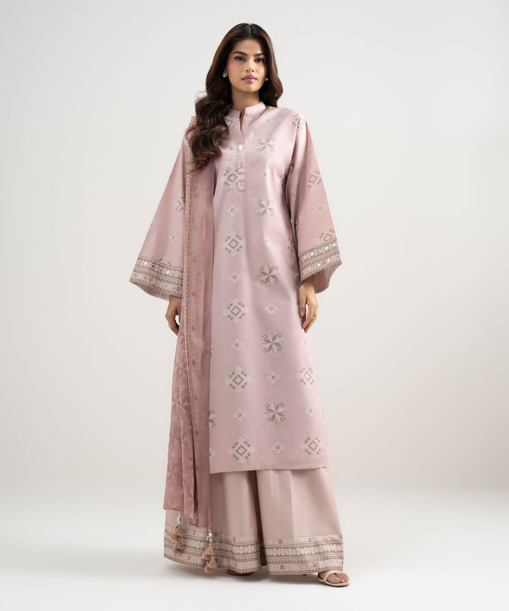 Women's Unstitched Zari Lawn Printed Pink 3 Piece Suit