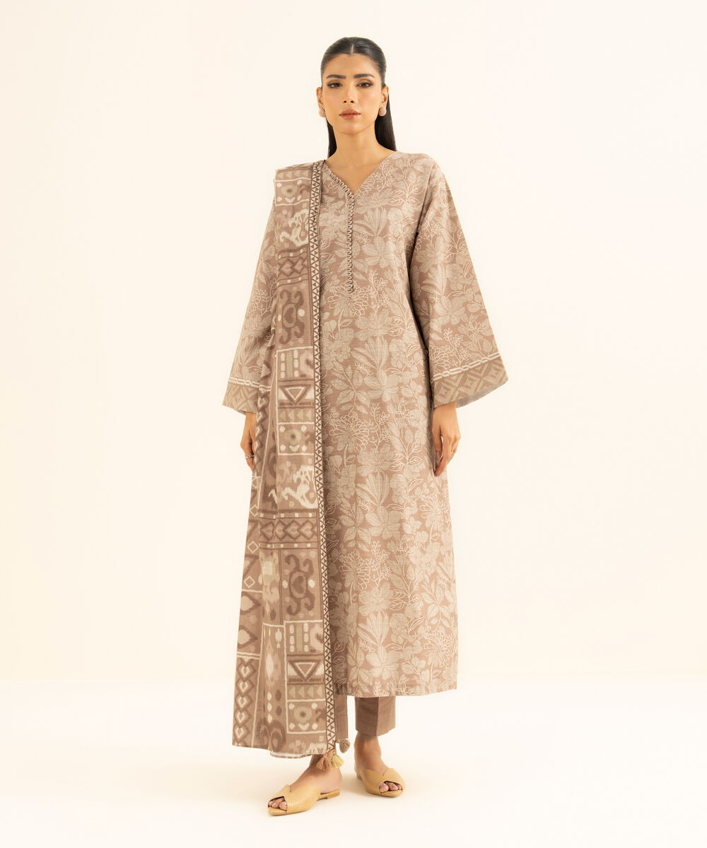 Women's Unstitched Printed Khaddar Beige 3 Piece Suit