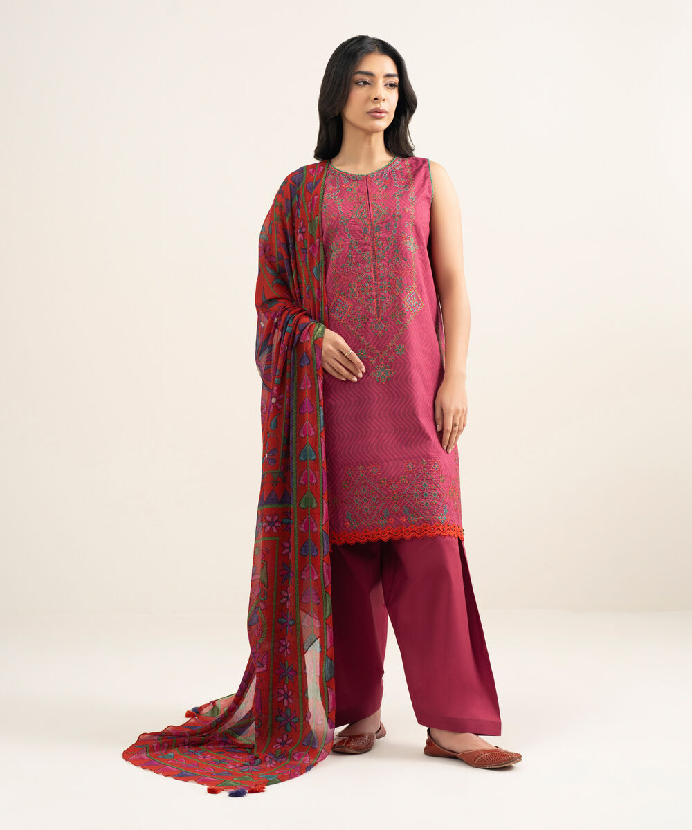 Women's Unstitched Lawn Embroidered Pink 3 Piece Suit