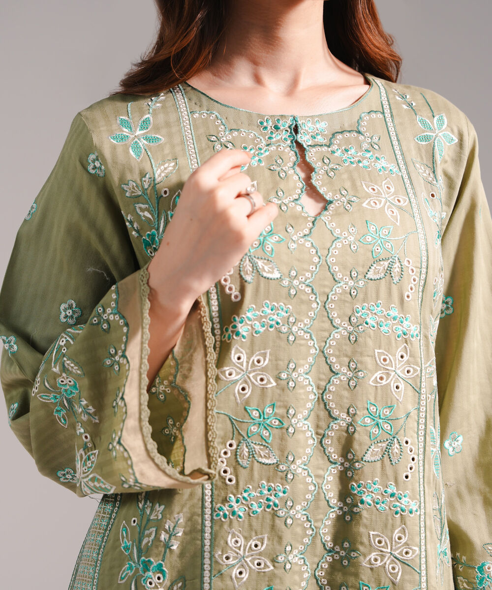 Women's RTW Textured Cotton Embroidered Olive Green 2 Piece Suit