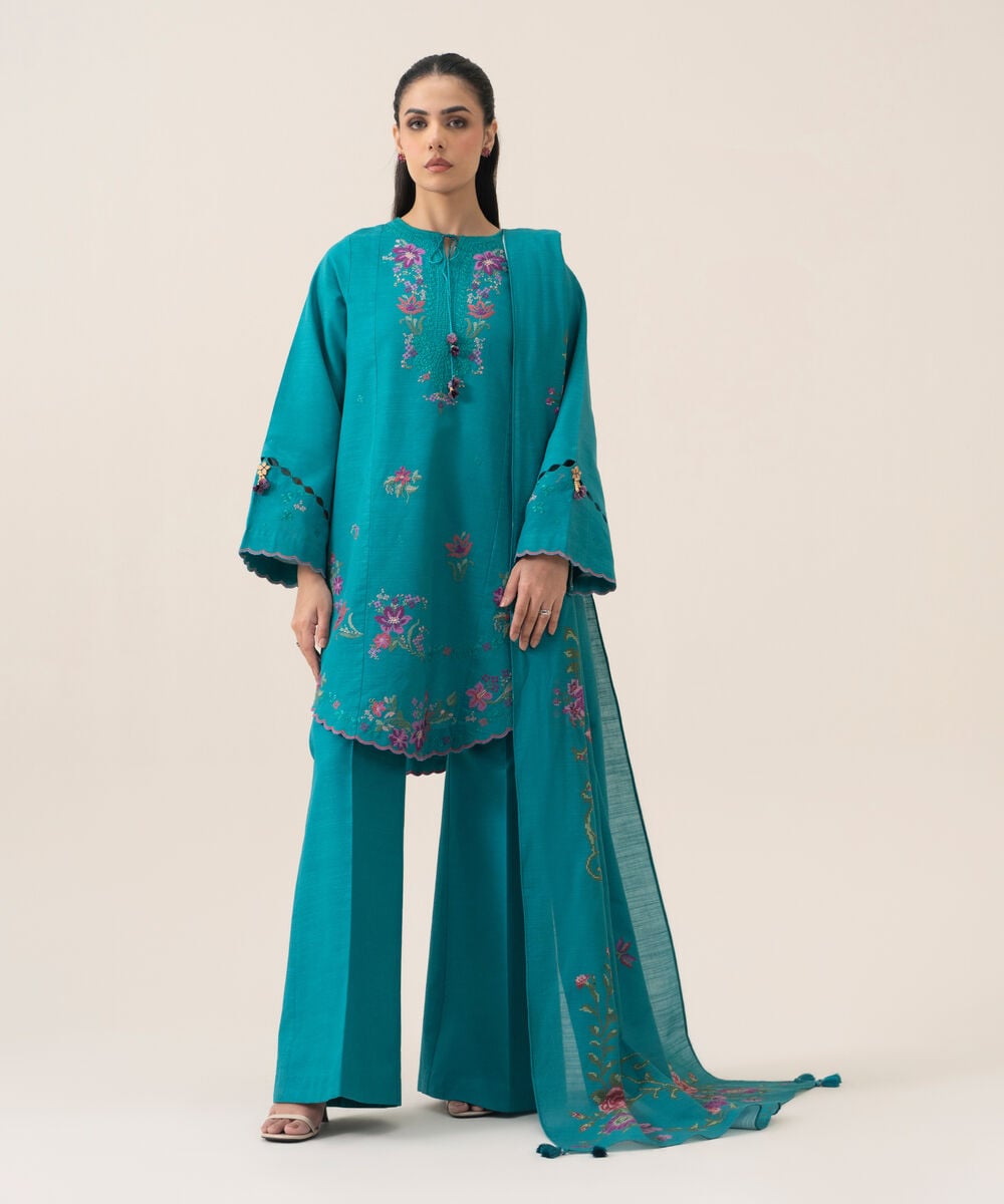 Women's Unstitched Premium Khaddar Embroidered Turquoise 3 Piece Suit