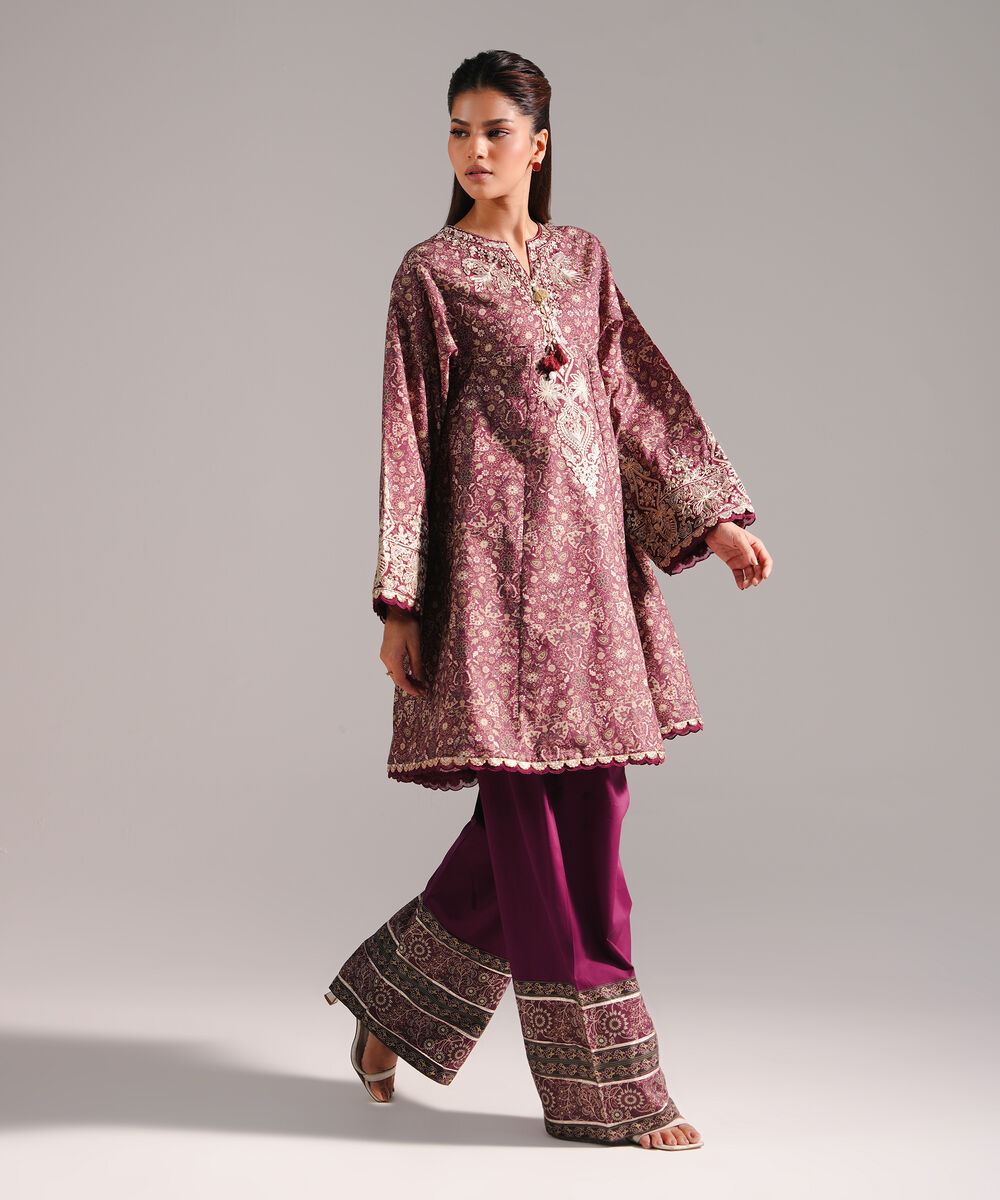 Women's RTW Zari Lawn Embroidered Deep Maroon A-Line Shirt