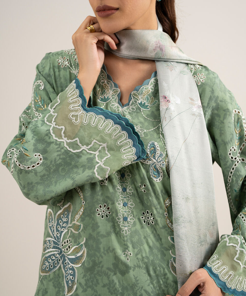 Women's Unstitched Self Jacquard Embroidered Green 3 Piece Suit