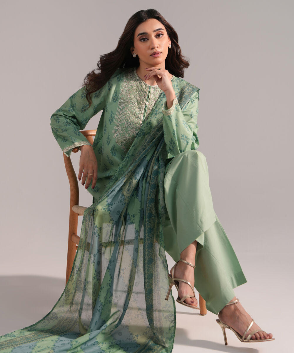 Women's RTW Cambric Embroidered Green 3 Piece Suit
