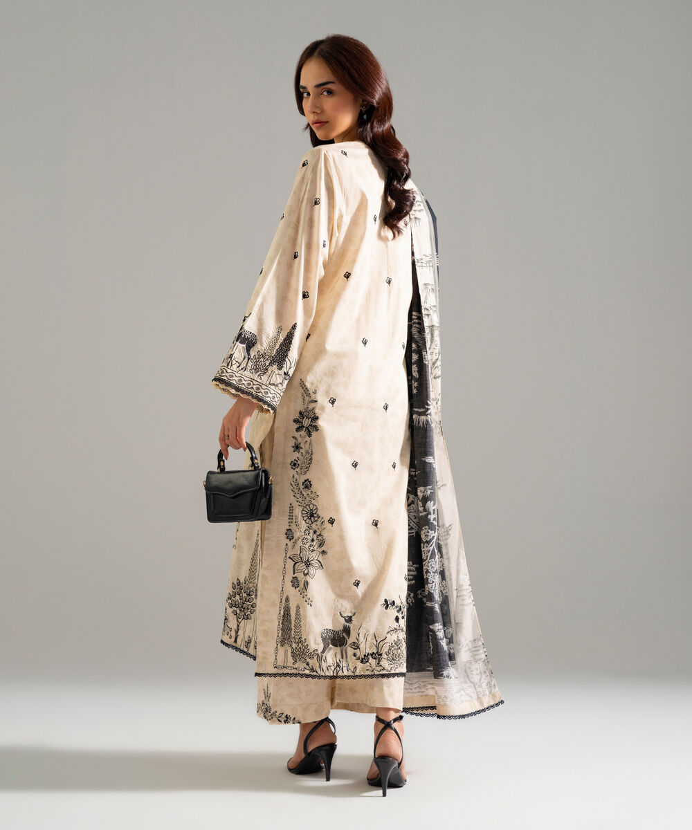 Women's RTW Lawn Embroidered Off White 3 Piece Suit
