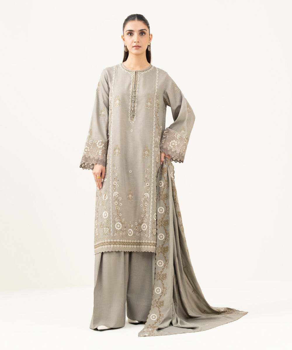 Women's Unstitched Embroidered Linen Beige 3 Piece Suit