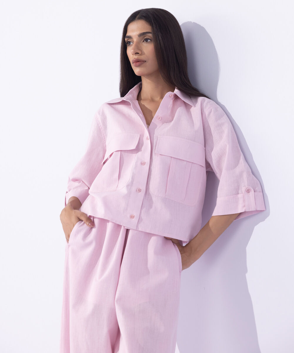 Women's Western Wear Pink  Cropped Shirt With Cargo Pockets