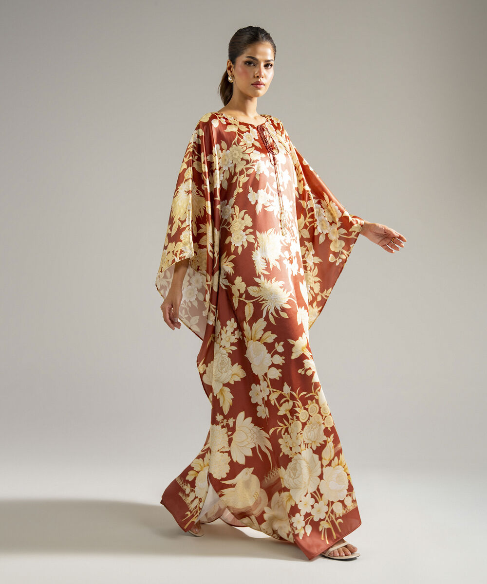 Women's RTW Blended Satin Printed Brown Kaftan