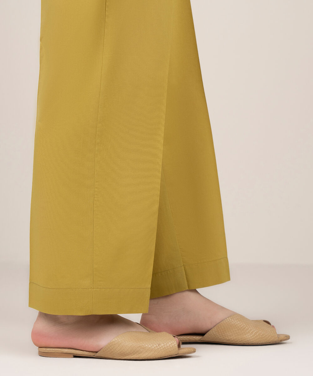 Women's RTW Cotton Solid Yellow Straight Pants