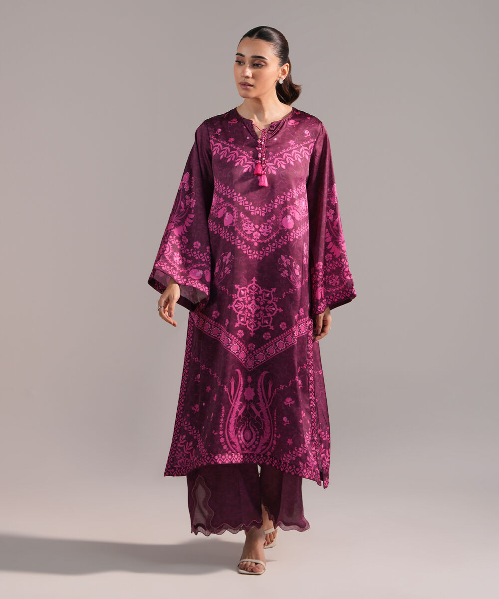 Women's RTW Blended Satin Printed Purple 2 Piece Suit