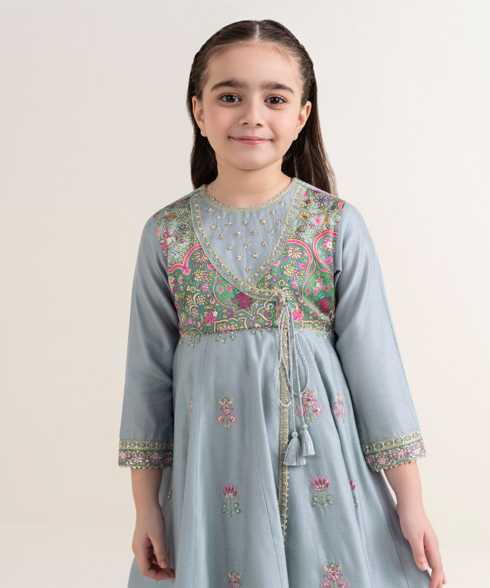 Girl's Silk Cotton Net Blue Embroidered 2 Piece Suit
