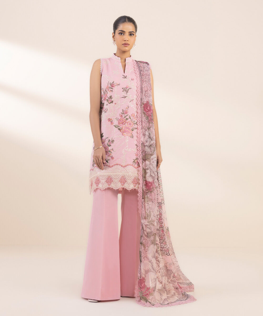 Women's Unstitched Embroidered Cotton Pink 3 Piece Suit