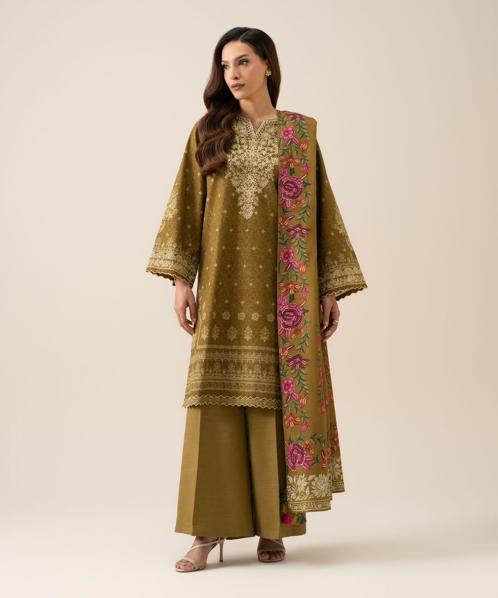 Women's Unstitched Light Khaddar Embroidered Mustard Olive 3 Piece Suit