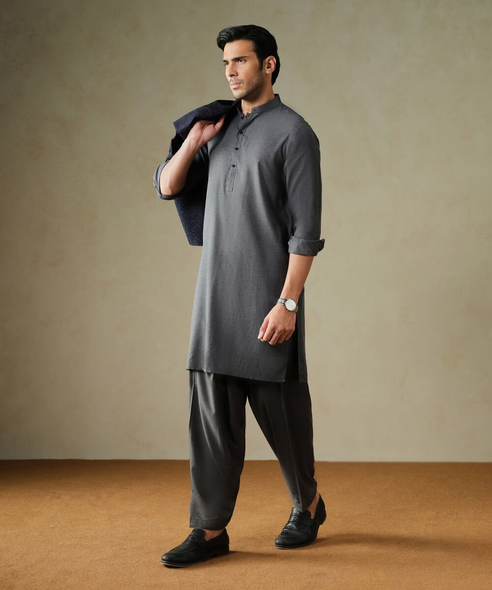 Wash & Wear Suit Men's Textured Wash & Wear Plain Charcoal Kurta Shalwar