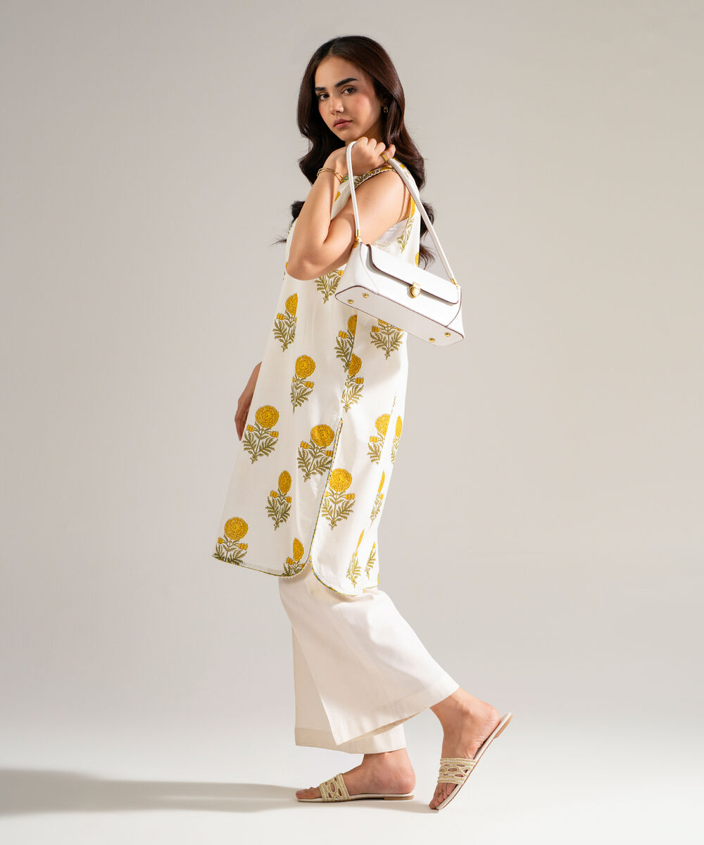 Women's RTW Slub Lawn Printed Off White Straight Shirt