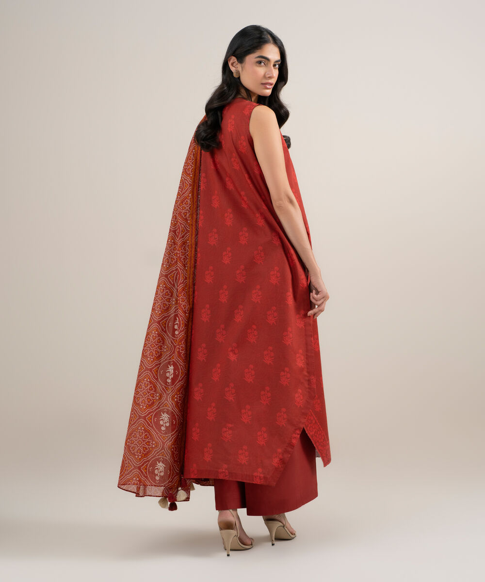 Women's Unstitched Lawn Embroidered Orange 3 Piece Suit