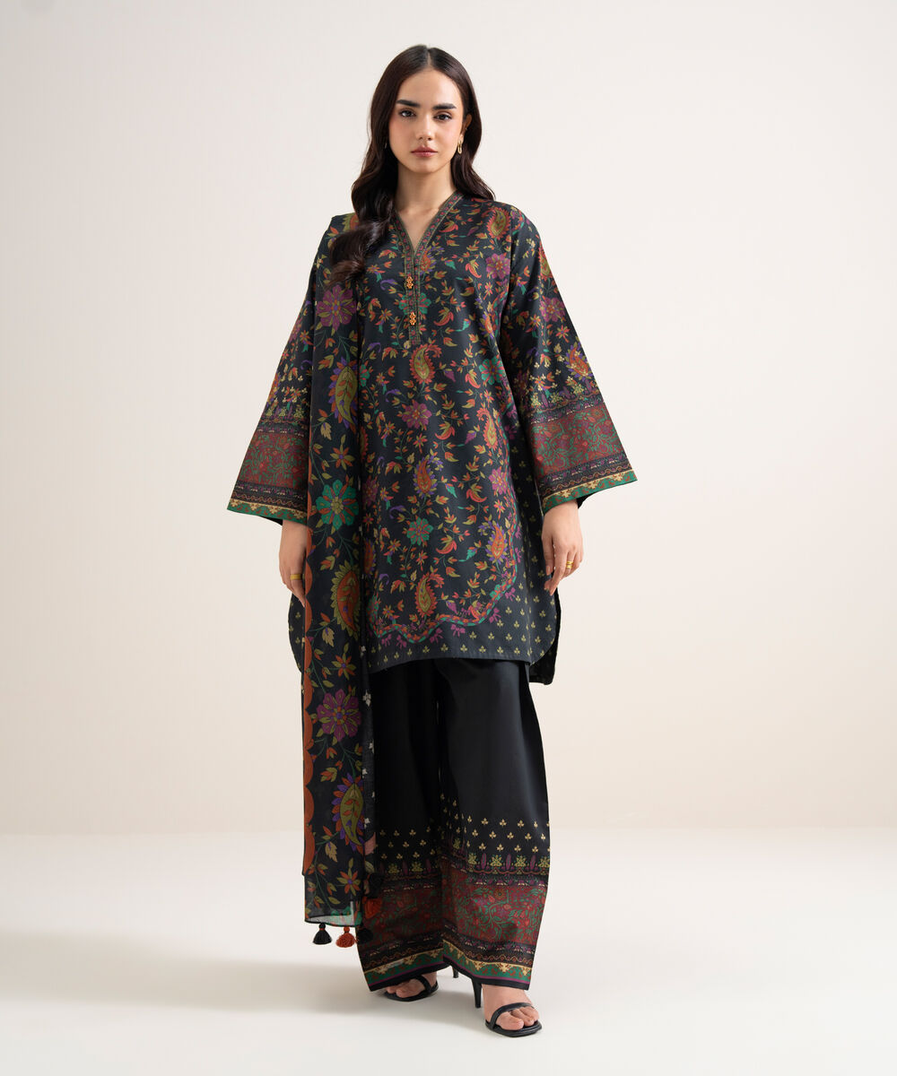 Women's Unstitched Lawn Printed Black 3 Piece Suit