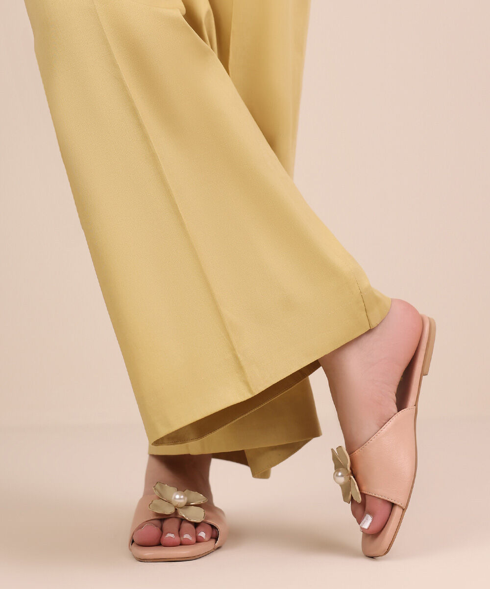 Unstitched Women's Yellow Cotton Solid Trousers