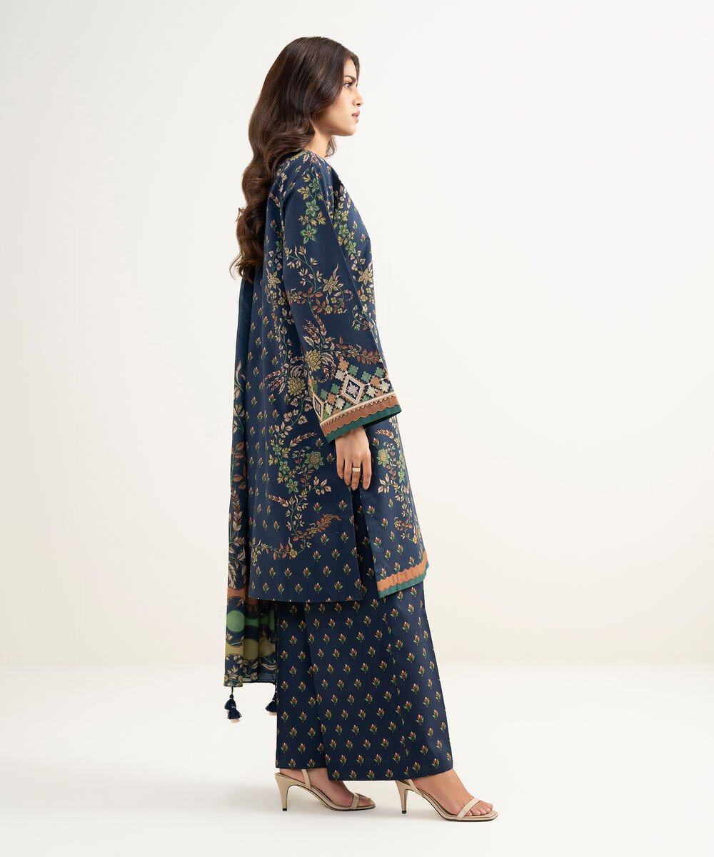 Women's Unstitched Lawn Embroidered Blue 3 Piece Suit