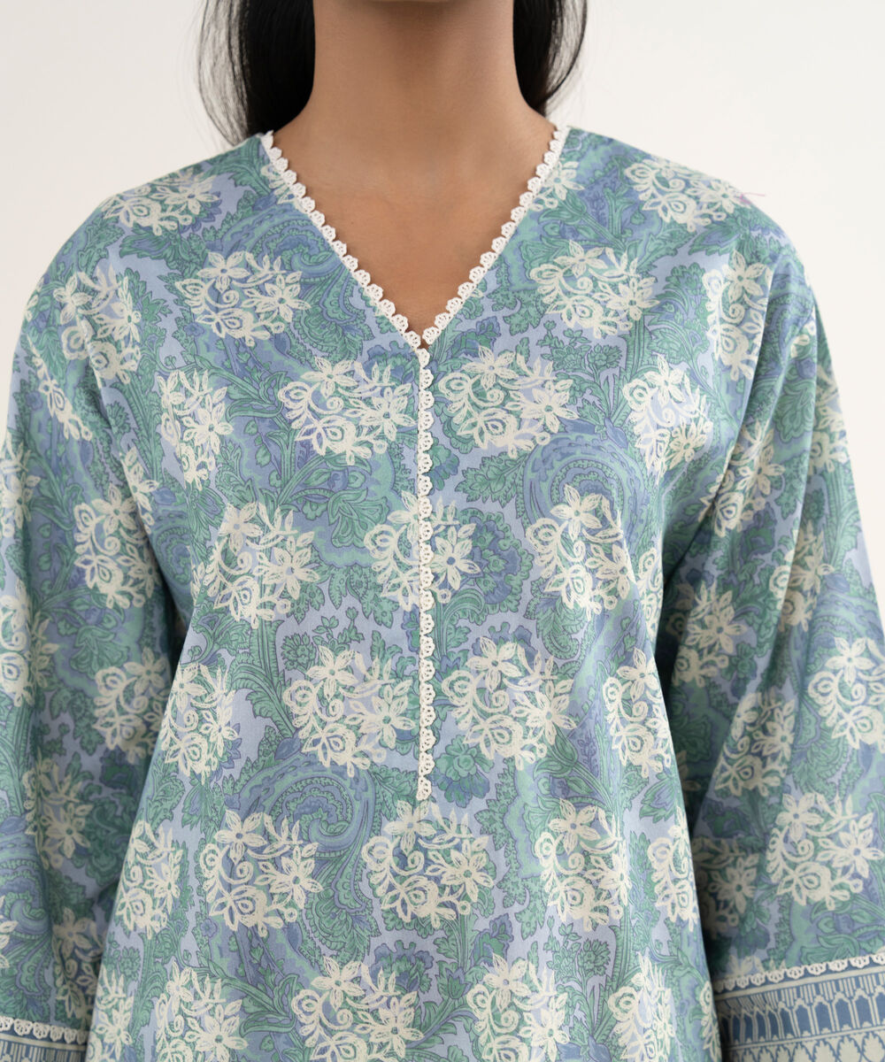 Women's Unstitched Lawn Printed Blue Shirt