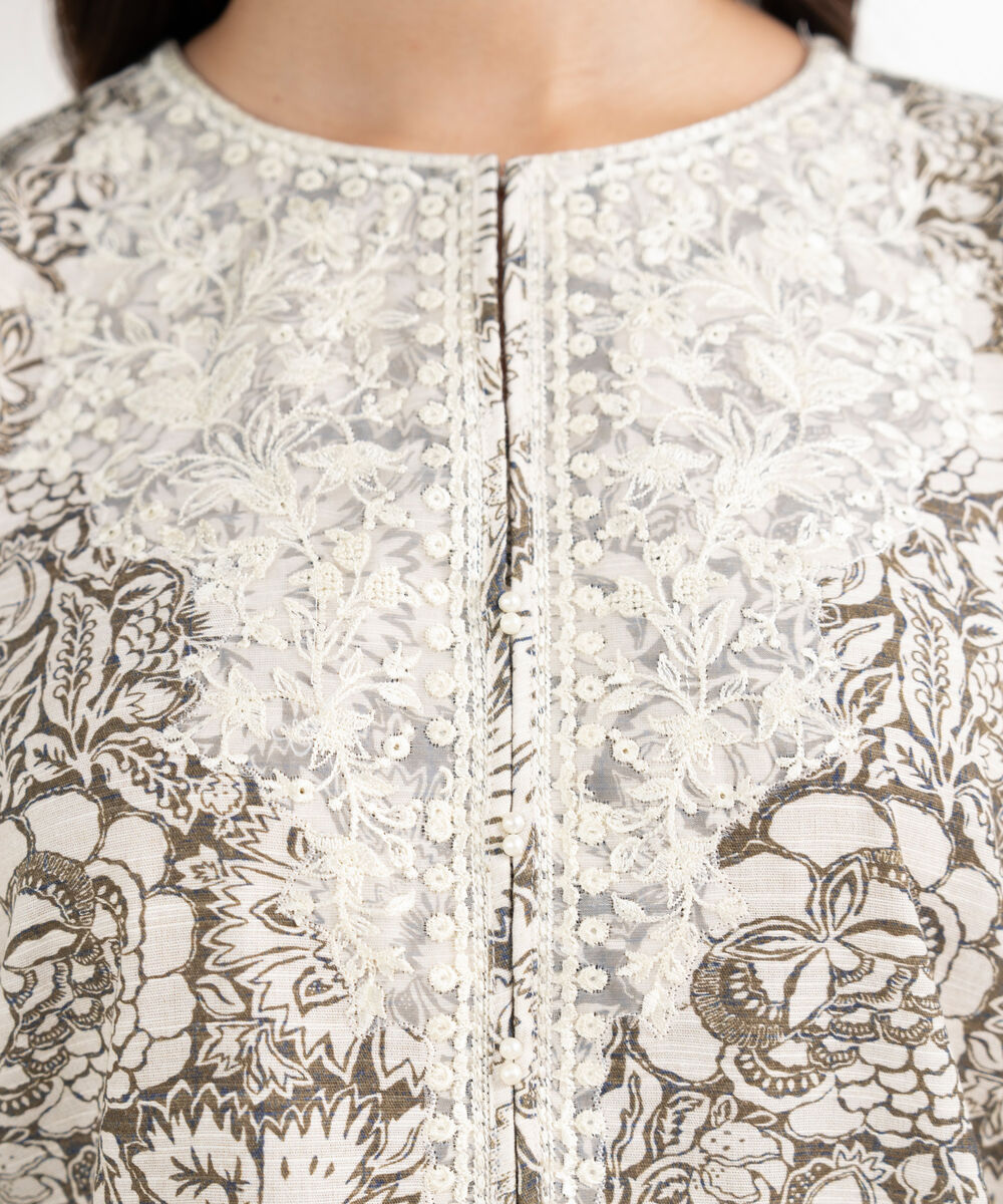 Women's RTW Light Khaddar Embroidered Straight Off White Shirt