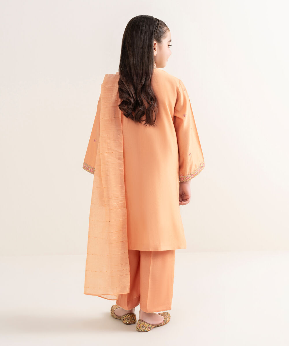 Girl's Silk Cotton Net Embroidered Orange Three Piece Suit