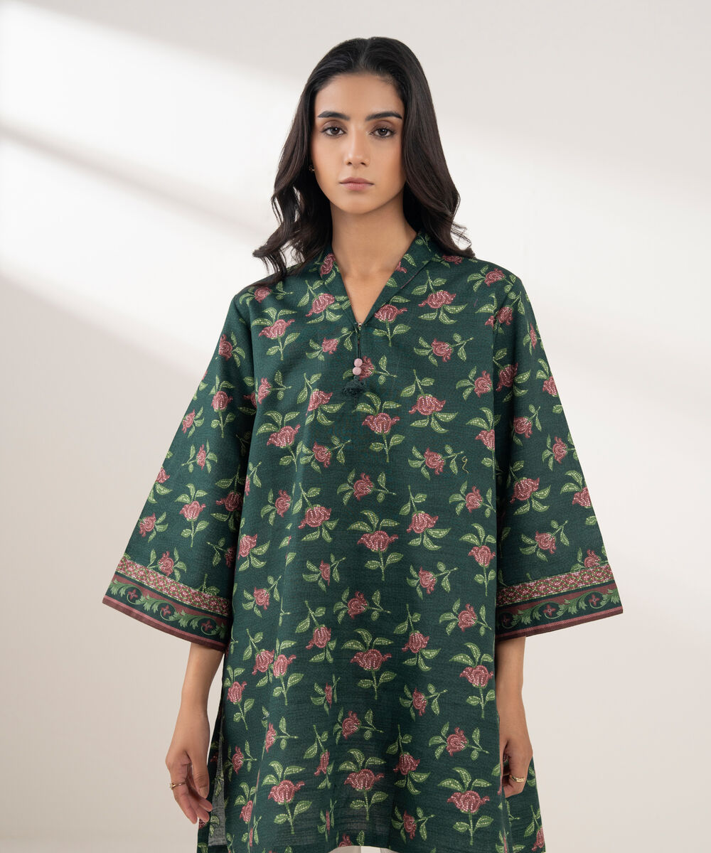 Women's RTW Khaddar Printed Straight Green Shirt