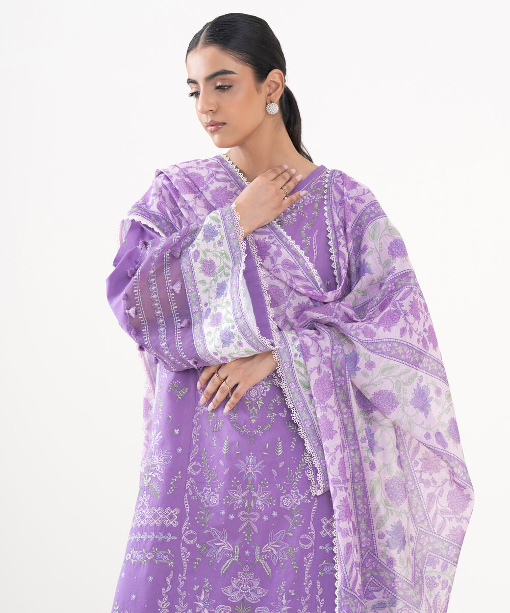 Women's Unstitched Raw Silk  Embroidered Lilac 3 Piece Suit