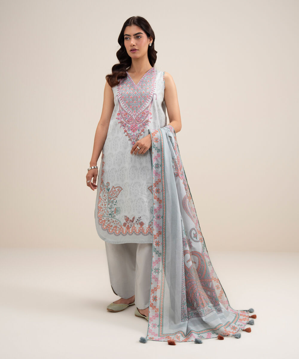Women's Unstitched Lawn Embroidered Light Grey 3 Piece Suit