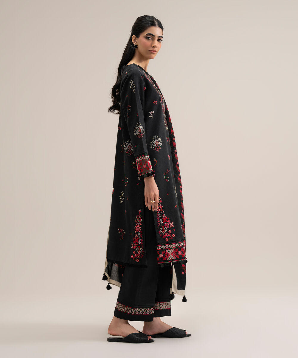 Women's Unstitched Premium Khaddar Printed Black 3 Piece Suit