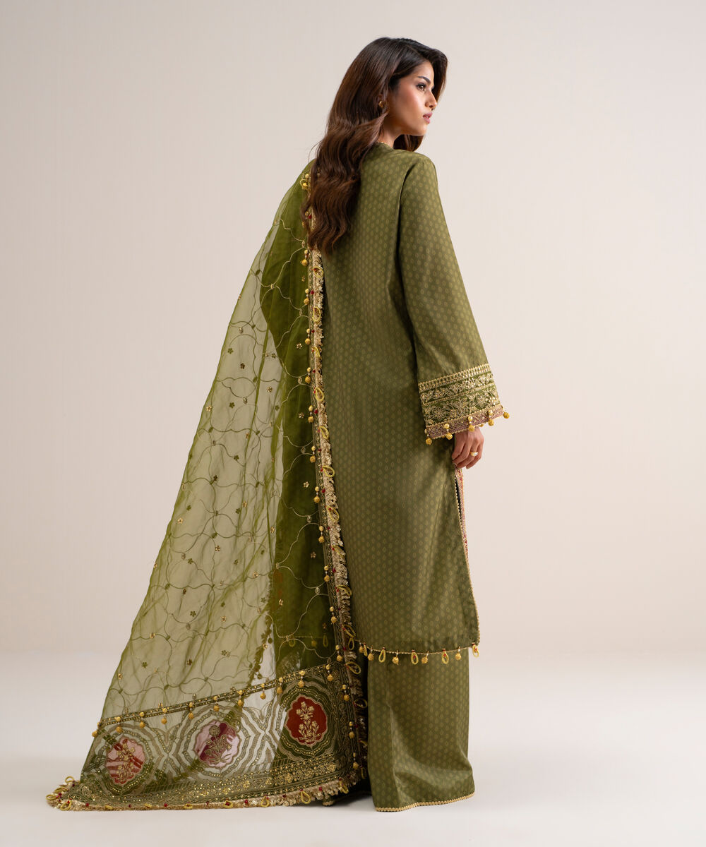 Women's Unstitched Printed Blended Grip Silk Green 3 Piece Suit