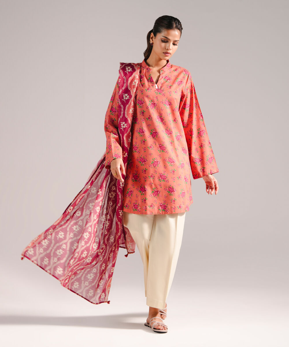 Women's RTW Cotton Viscose Printed Coral 2 Piece Suit