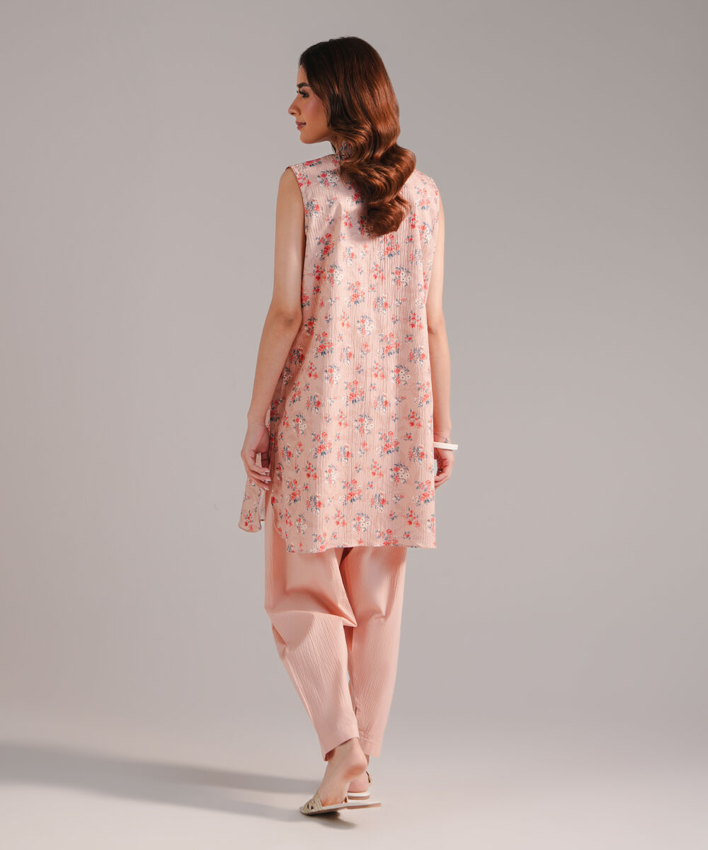 Women's RTW Seersucker Printed Peach 2 Piece Suit