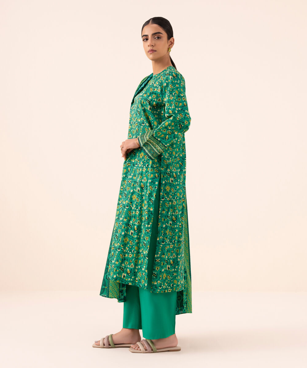 Women's Unstitched Cotton Printed Green Three Piece Suit