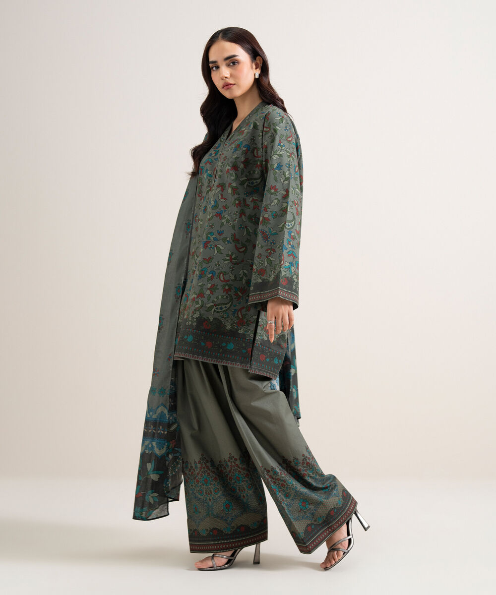 Women's Unstitched Lawn Printed Dark Grey 3 Piece Suit