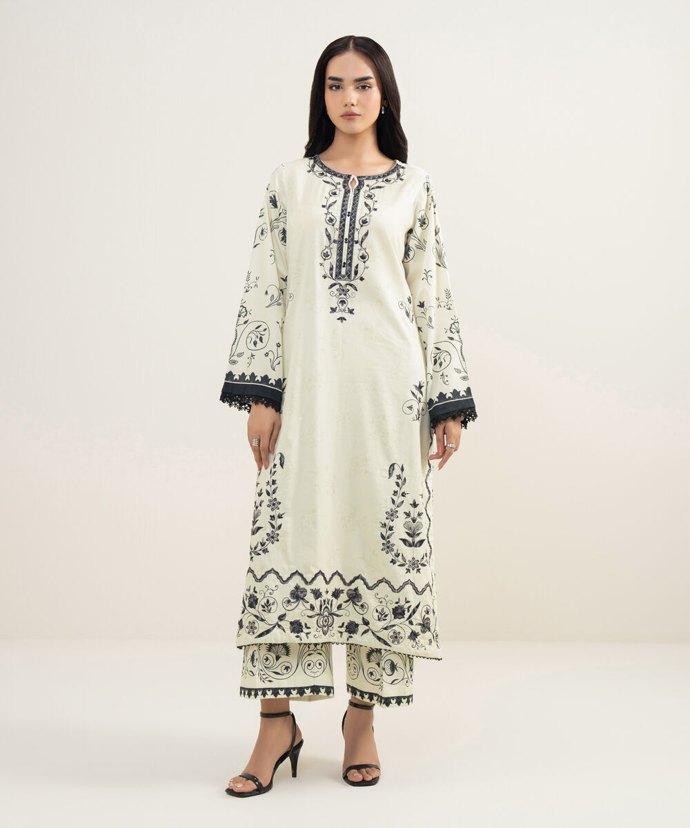 Women's RTW Cotton Satin Embroidered White A-Line Shirt