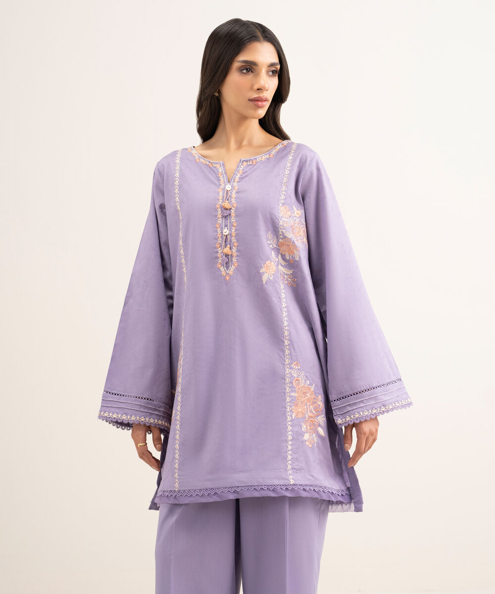 Women's RTW Self Jacquard Embroidered Purple Straight Shirt