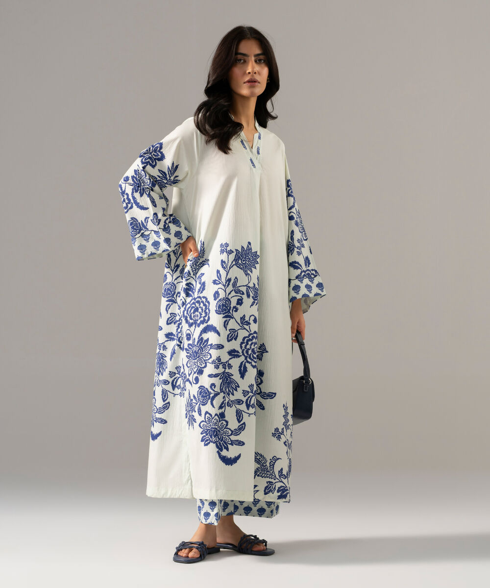 Women's RTW Seersucker Printed Pale White Straight Shirt
