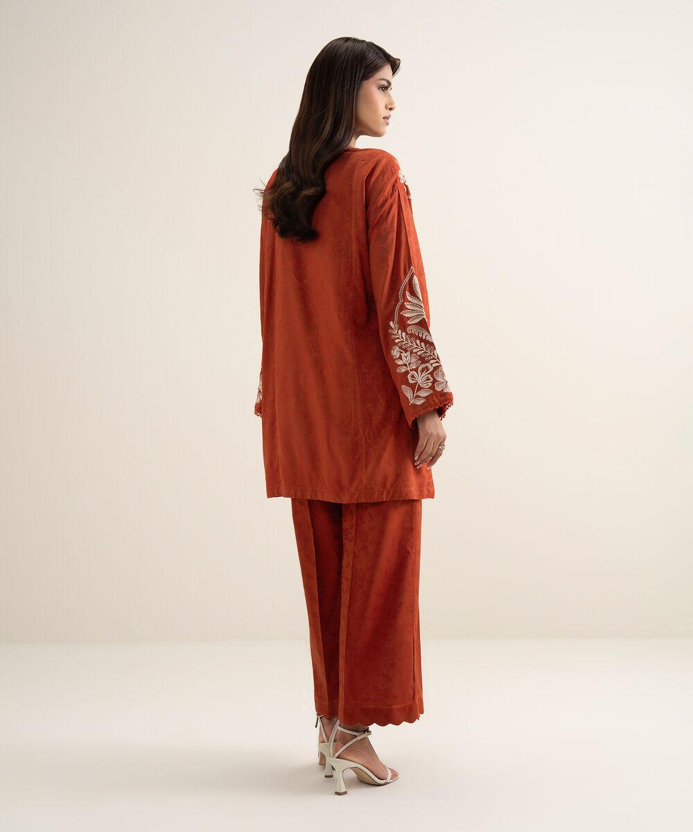 Women's RTW Arabic Self Jacquard Embroidered Orange Boxy Shirt