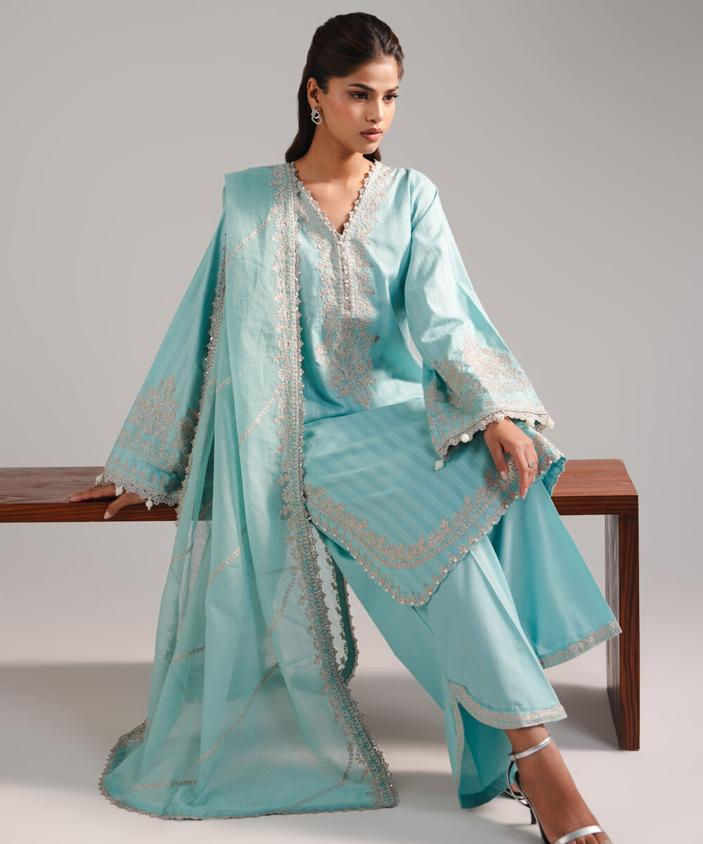 Women's RTW Leno Kara Embroidered Blue 3 Piece Suit