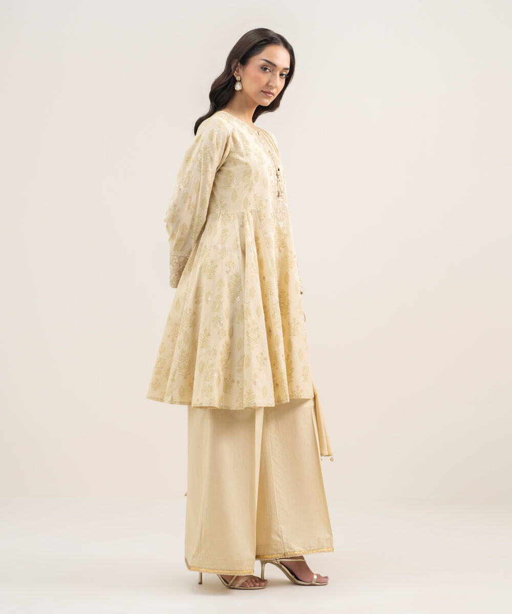 Women's RTW Lawn Embroidered Beige 3 Piece Suit