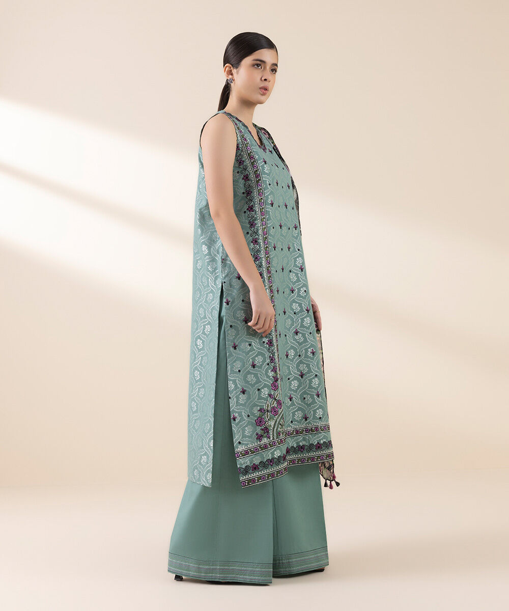 Unstitched Women's Embroidered Extra Weft Jacquard Blue Three Piece Suit