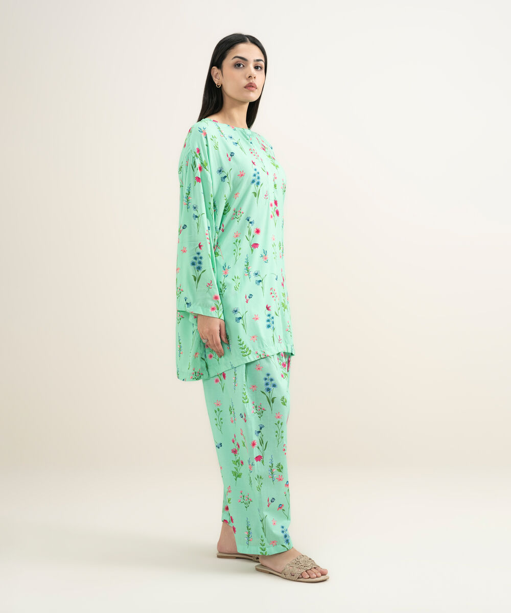 Women's RTW Arabic Lawn Printed Turquoise 2 Piece Suit