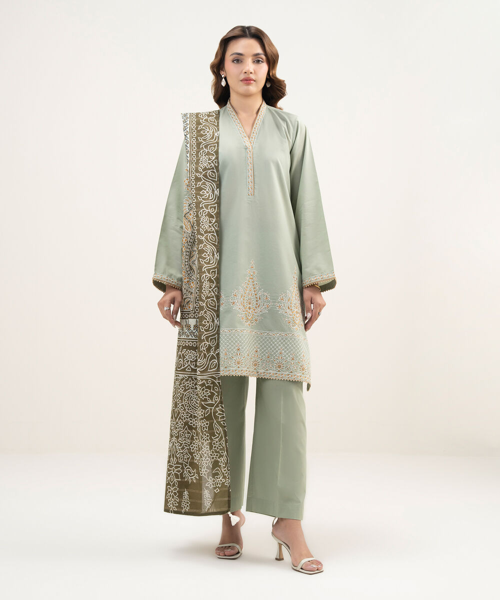 Women's RTW Zari Lawn Embroidered Green A-Line Shirt