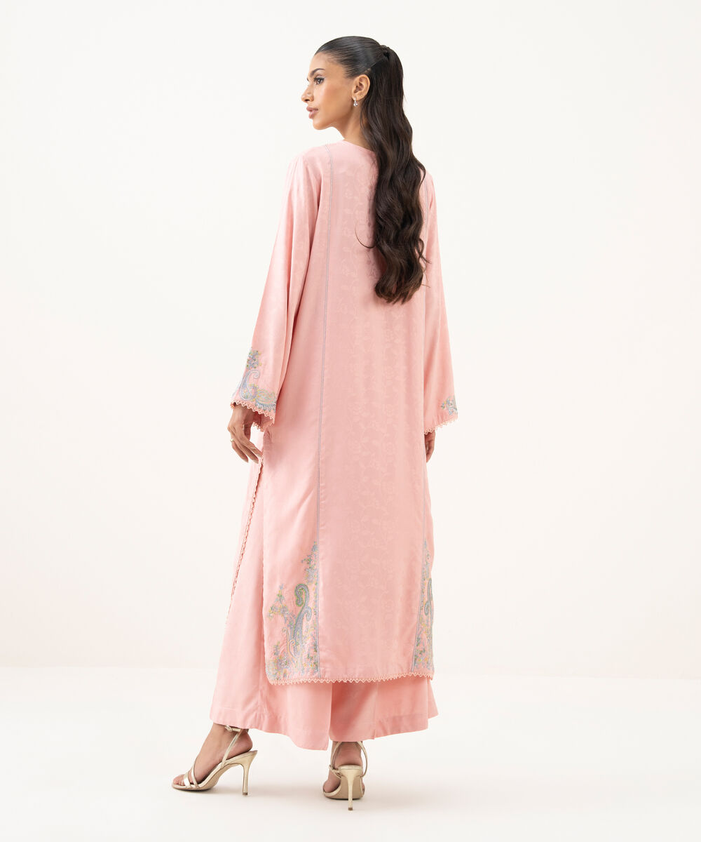 Women's RTW Textured Viscose Embroidered A-Line Pink Shirt