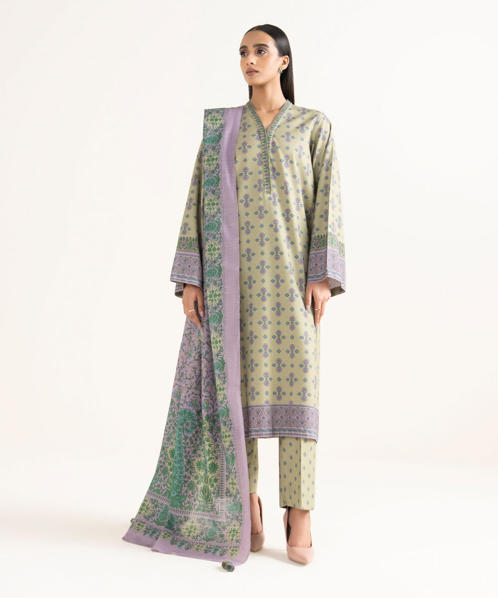 Women's Unstitched Viscose Khaddar Printed Green 3 Piece Suit