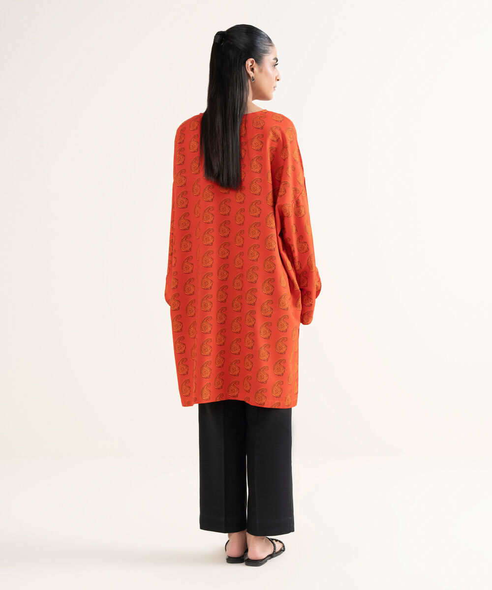 Women's RTW Cotton Printed Drop Shoulder Orange Shirt