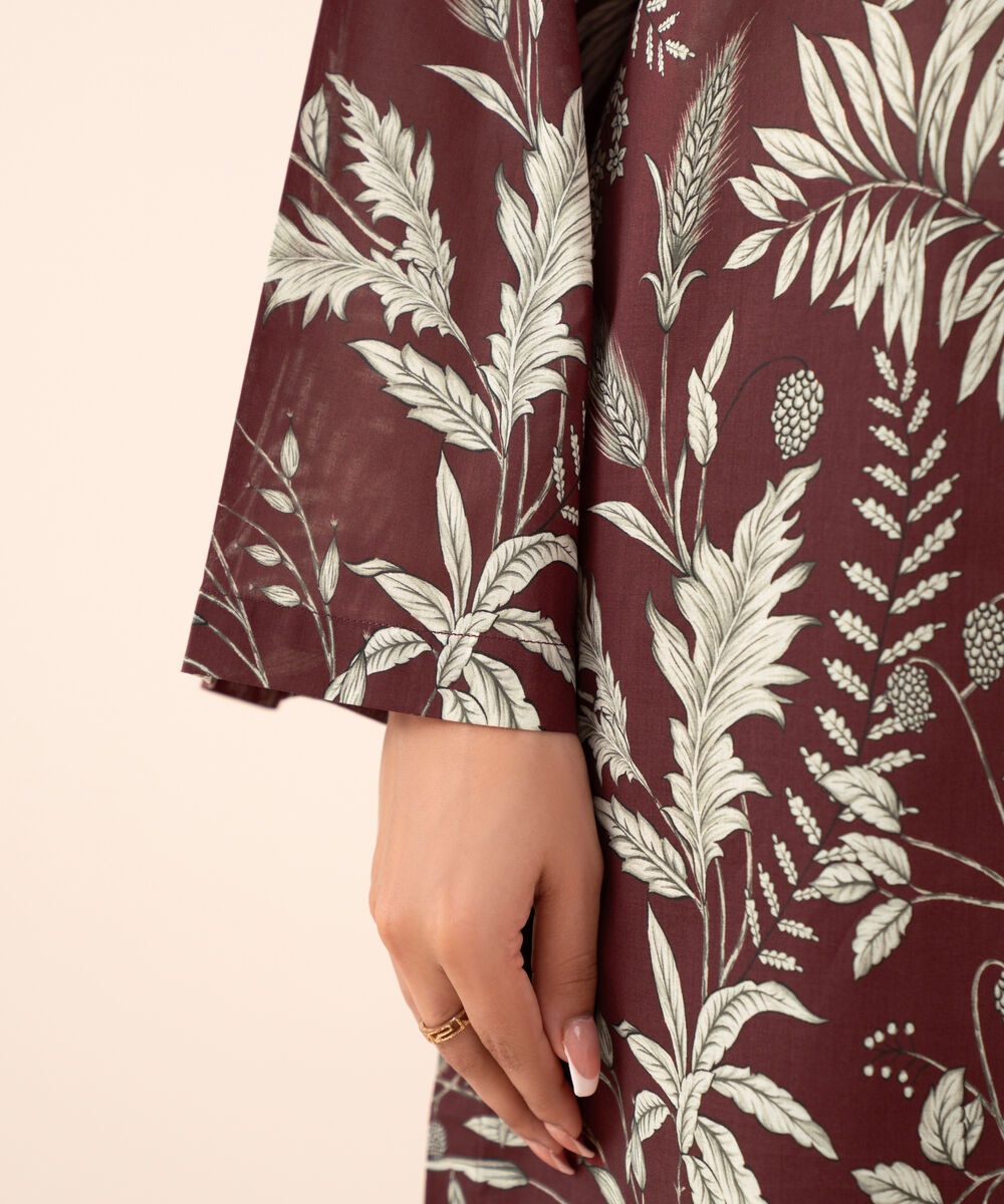 Women's Unstitched Cotton Printed Maroon Three Piece Suit