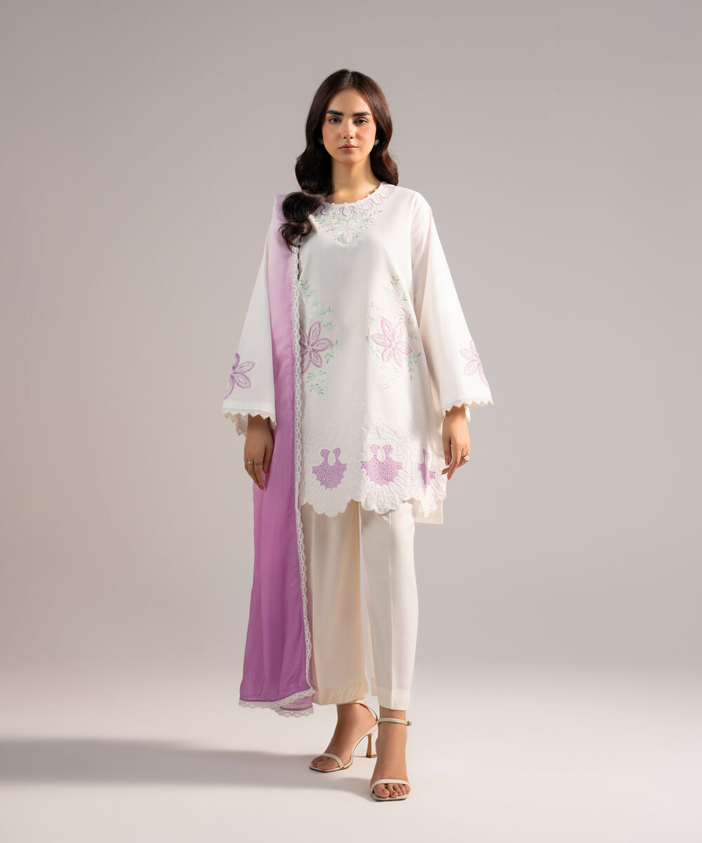 Women's RTW Cambric Embroidered White 2 Piece Suit