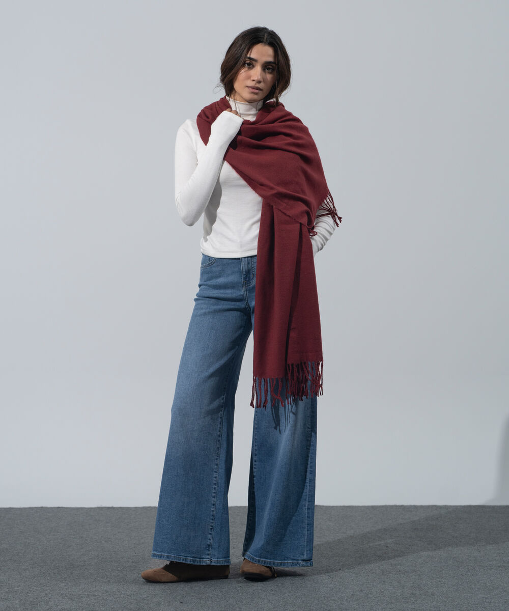 Women's Western Wear Red Polyester Solid Woolen Scarf